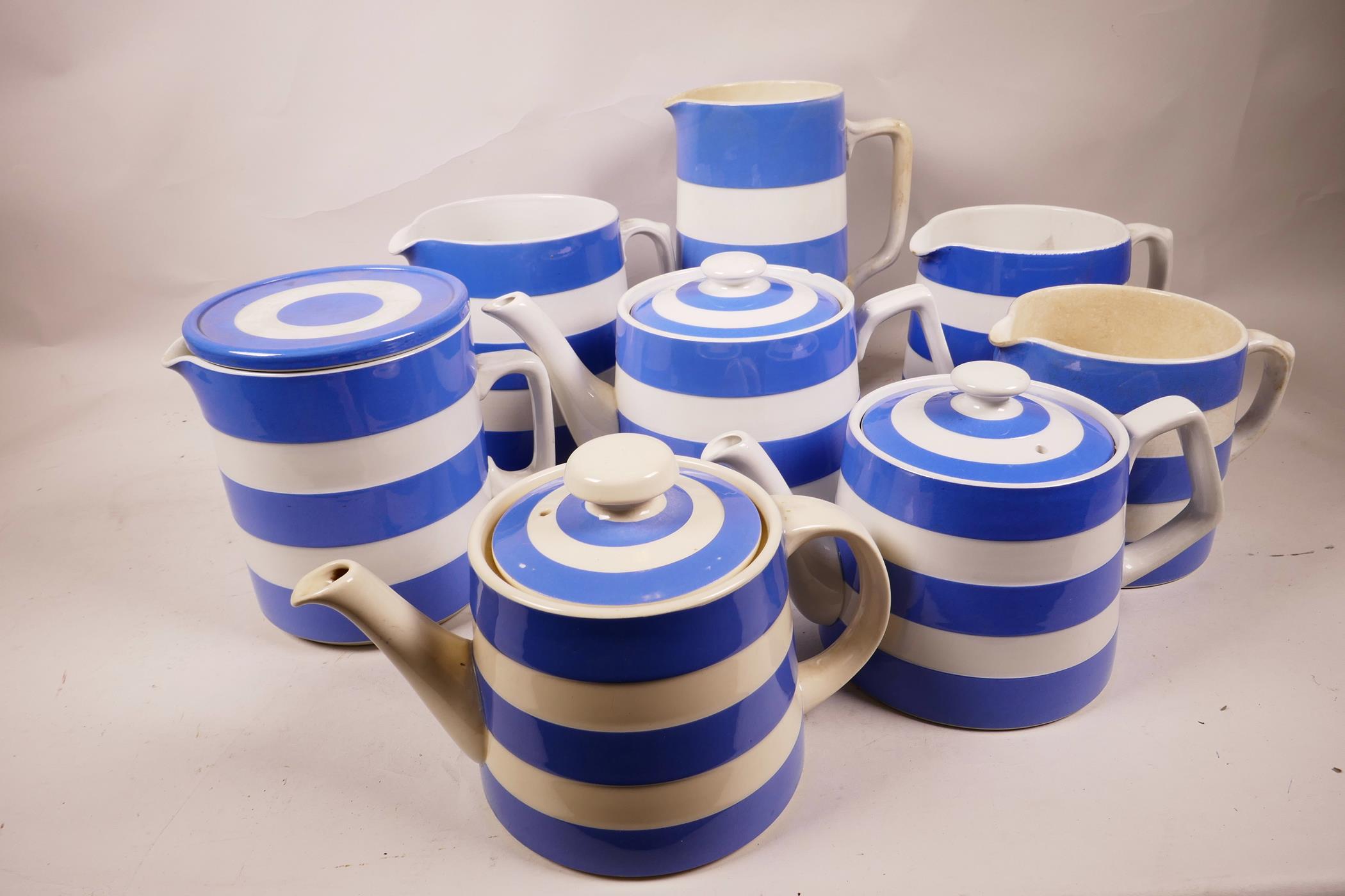 Ten large pieces of T.G. Green and Co. Cornish ware, blue and white, including three teapots, a - Image 2 of 7