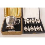 A silver plated Masonic tankard dated 1953, 3" high, in a fitted faux shagreen box, together with
