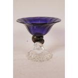 A Murano glass pedestal sweet dish, with amethyst glass bowl on bronzed and clear glass pedestal, 7"
