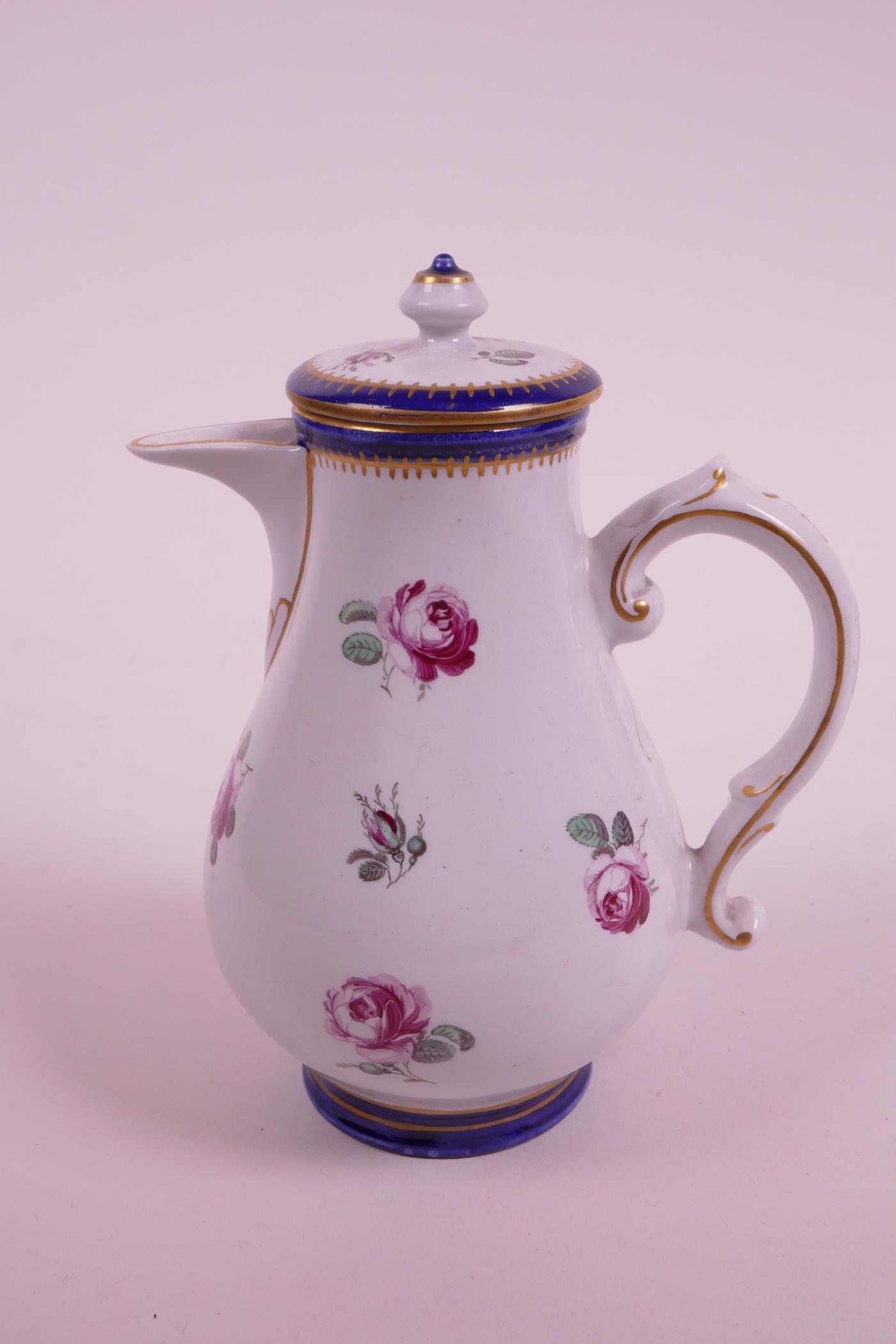 A late C18th hybrid hard paste porcelain chocolate pot and cover, with matching sugar pot and lid, - Image 2 of 9