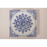 A Chinese blue and white pottery tile with Yin Yang decoration, 8" x 8"