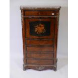 A C19th French rosewood and marquetry inlaid secrétaire à abattant, with marble top and brass