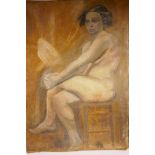 Seated female nude, attributed on frame to Heinrich Hoerle, oil on canvas, 24" x 35"
