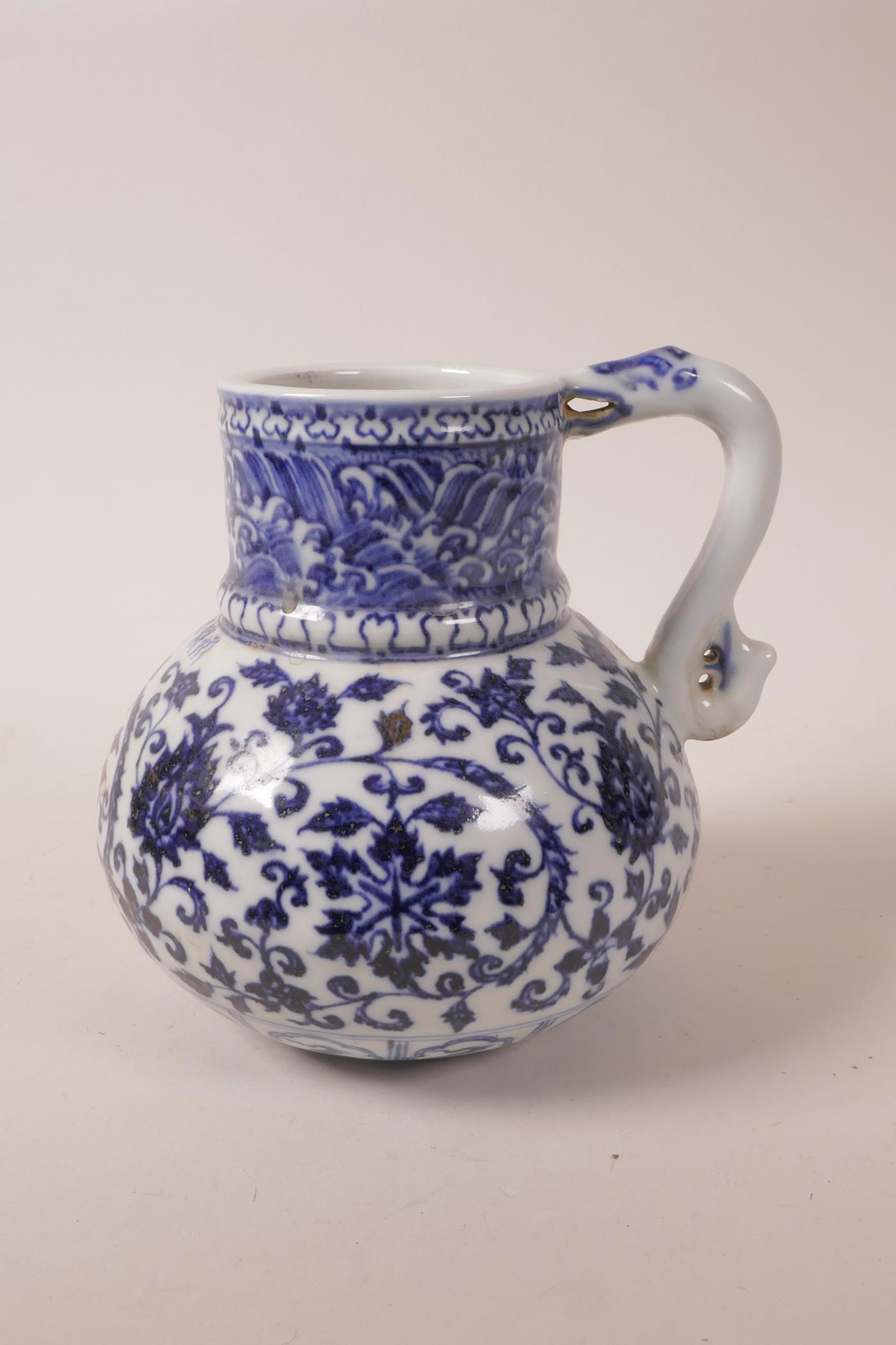 A Chinese blue and white porcelain wine jug with scrolling lotus flower decoration, 4 character mark