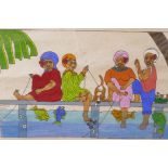 A hand finished print of Caribbean women fishing from a pier, 13½" x 9" (signed)