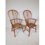 A C19th hoop back elm Windsor armchair, with pierced splat back, and another similar