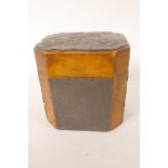 A C19th fruitwood tea caddy decorated with embossed pewter panels, 5" x 4½" x 3½"