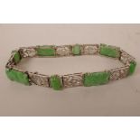 A fine Chinese jade and diamond set white metal (high carat white gold) bracelet made with alternati