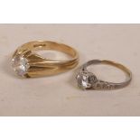 A 9ct gold gentlemen's solitaire ring set with a clear stone, 5.4 grams, and a ladies' gold ring