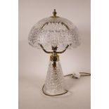 A cut glass table lamp with conical base and domed shade, 19" high