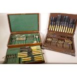 An oak cased canteen of silver plated cutlery by Walker and Hall, Sheffield, together with another