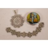 A Chinese silver filigree panel bracelet and matching pendant, 32.4 grams, and a small Art Deco