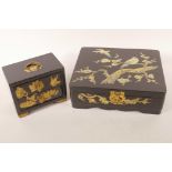 An Oriental lacquered jewellery box decorated with birds and flowering branches, 9½" x 8" x 3",