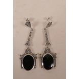 A pair of silver, enamel and marcasite set Art Deco style earrings, 2" long