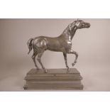 A silvered bronze horse sculpture, finely cast, 13½" long x 15" high x 5½" diameter