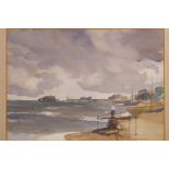 Francis Russell Flint, coastal scene with damaged pier and beached boats, watercolour, titled