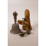 A Sino-Tibetan bronzed metal temple bell and vajra, with a fitted travel case, 6½" high