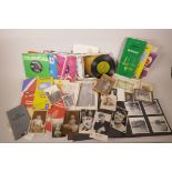 A quantity of assorted ephemera, photographs, 45 records etc