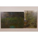 Moonlit woodland landscape, indistinctly signed, and figure by a woodland stream, two unframed oils,