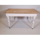 A rustic pine scullery table on a painted base, 49½" x 28½", 29" high