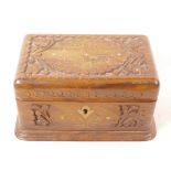 An Indian carved hardwood jewellery box with inlaid brass decoration, 9" x 5½" x 5"