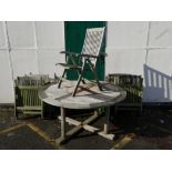 A suite of Neptune garden furniture comprising 59" diameter circular table with granite lazy susan