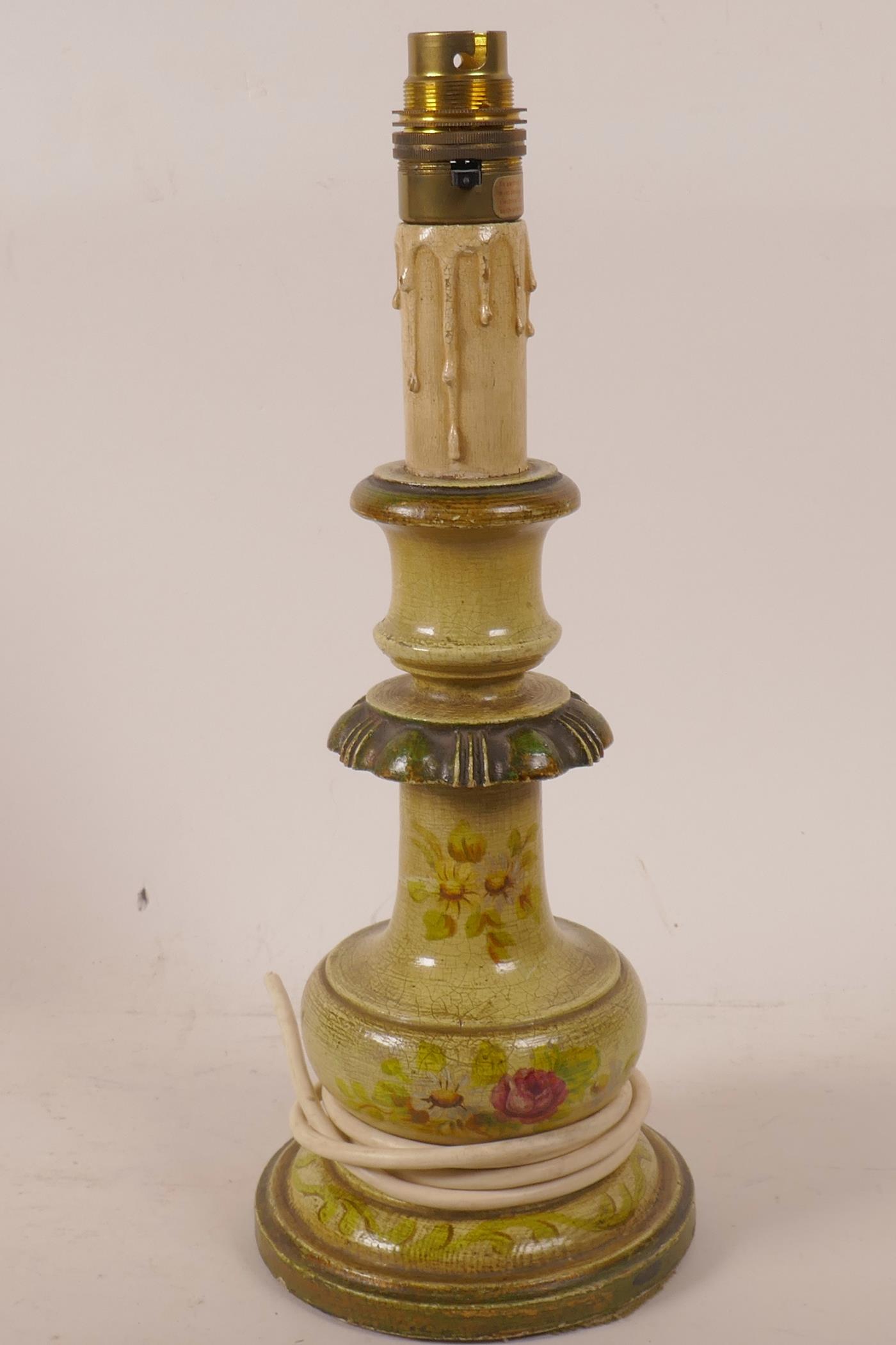 An Italianate painted turned wood table lamp base, 12" high