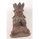 A Chinese bronze figurine of a crowned Buddha seated in meditation, 13" high