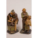 A Wilhelm Schiller majolica figure of a doctor treating a boy's eye, and another of a barber cutting