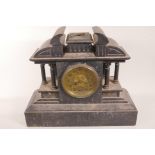 An architectural slate cased mantel clock with classical side columns and brass dial with Arabic