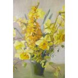 Pat Starkey (British, C20th), 'Daffodils', signed lower right, oil on canvas, 17" square inclusive