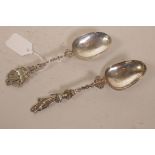 A C19th Dutch silver apostle spoon in the form of a saint with ship's anchor, inscribed and dated
