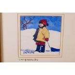 A colour print of a child with a sledge, signed on the mount Lin Pattulo, 5" x 5", in a heavy gilt