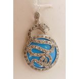 A silver, marcasite and turquoise enamel pendant necklace in the form of a snake, 2½" drop