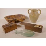 A variety of wood, glass and pottery items to include a C19th wooden money box, 5½" long, a C19th