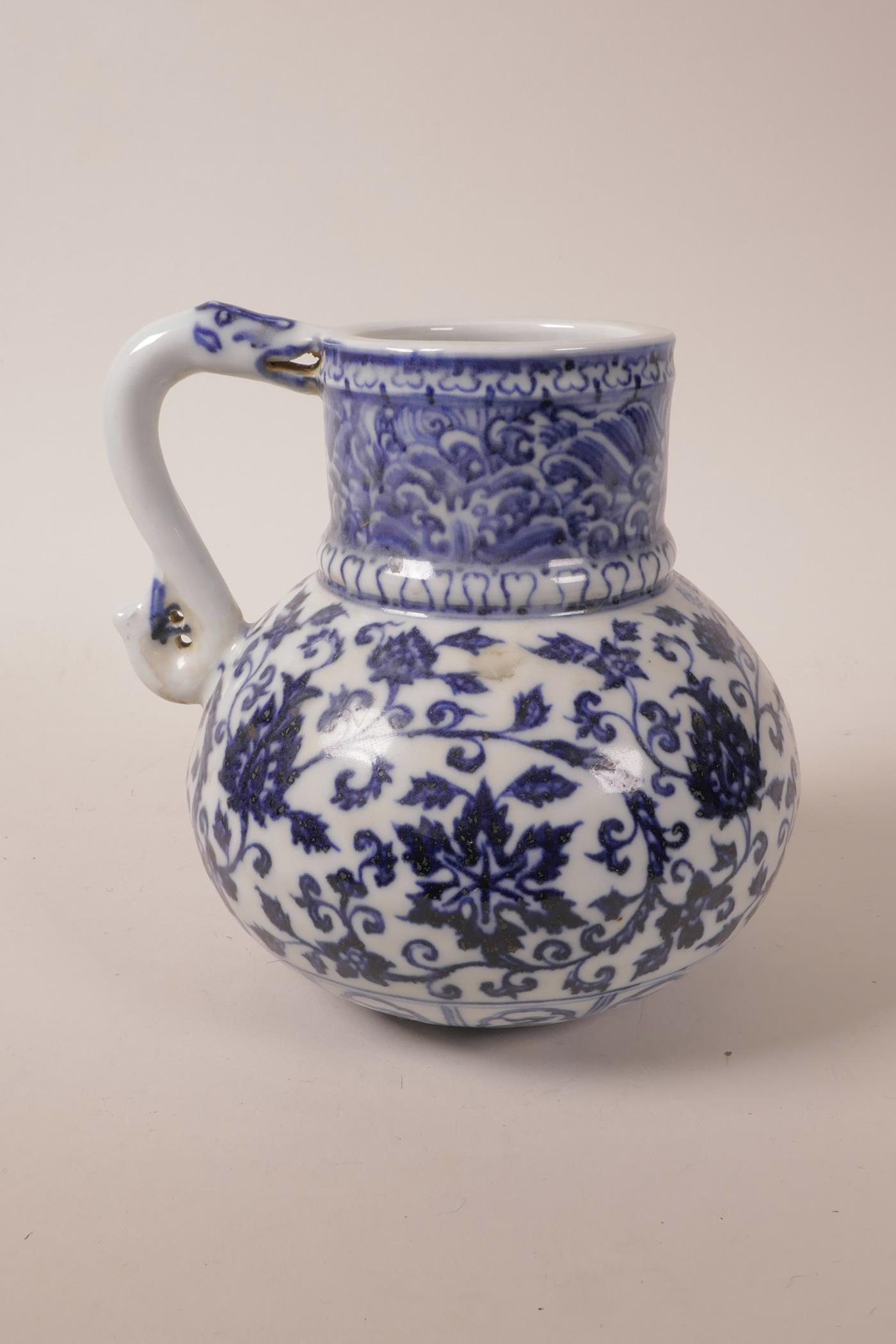 A Chinese blue and white porcelain wine jug with scrolling lotus flower decoration, 4 character mark - Image 3 of 5