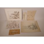 A folder containing a quantity of unframed ink and other drawings, figure in a landscape (1821),