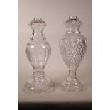 Two cut glass lamp bases, 14½" high, one base chipped