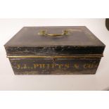 A C19th toleware deed box painted with J.L. Phipps and Co, with brass swing handle, 14½"x 10" x 6"