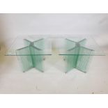 A pair of contemporary glass cross frame coffee tables, 26" x 26", 20" high, A/F