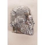 A silver plated vesta case in the form of the head of a bearded gentleman, 2"