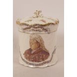 A C19th porcelain biscuit barrel made to commemorate the Diamond Jubilee of the reign of Queen