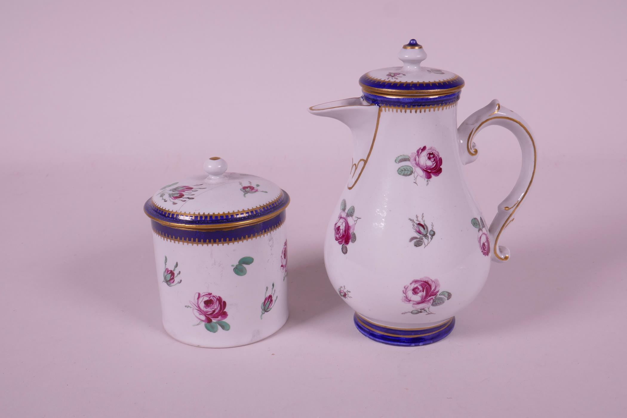 A late C18th hybrid hard paste porcelain chocolate pot and cover, with matching sugar pot and lid, - Image 3 of 9