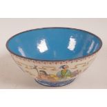 A Chinese enamel rice bowl with figural decoration and blue interior, blue seal mark to base, 6¾"