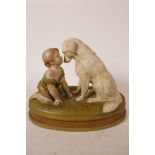 An early 1920s Royal Dux porcelain figurine of a young child and a dog, titled 'Can't You Talk',