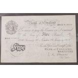 A Bank of England white £5 note, dated 28 January 1956, B96A 013312, signed L.K. O'Brien Chief