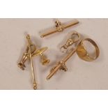 A quantity of 9ct gold, fobs, a ring etc, 19g