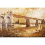 H. Ellis(?), (British, early C20th), a pair of naive paintings of bridges in industrial Britain,