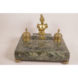 A French marble desk stand with ormolu mounts, on brass supports, 12½" wide