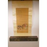 A Chinese lacquer scroll box with painted dragon decoration, together with a scroll depicting